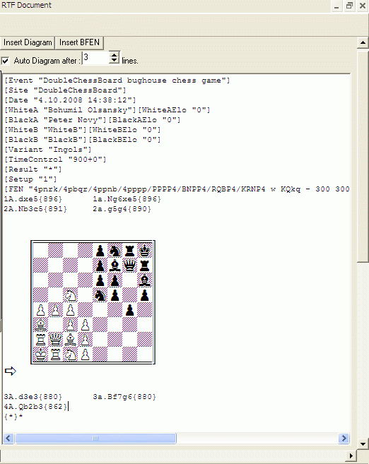 Chess games played on single board like standard chess, coin chess or ingols chess can be also exported easily into RTF documents ...